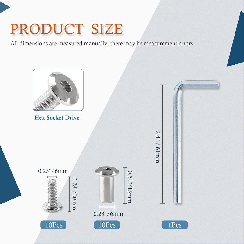 Jersvimc 10 Pair(20 Piece) M6x20mm Hex Drive Socket Cap Bolt with Allen Wrench, Silver Furniture Connector Bolts M6 Countersunk Screw Barrel Nuts Binding Screws for Crib Replacement Belt Cabinet - Image 3